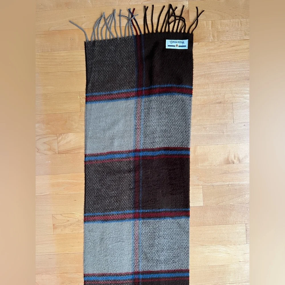 🐑Woodward Plaid Cashmere Wool Fringed Scarf | Taupe Brown Blue + Red